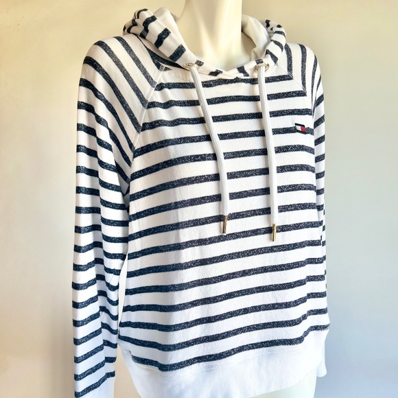 New Tommy Hilfiger Sport White Navy Cotton Polyester Hoodie size L - Picture 3 of 12
